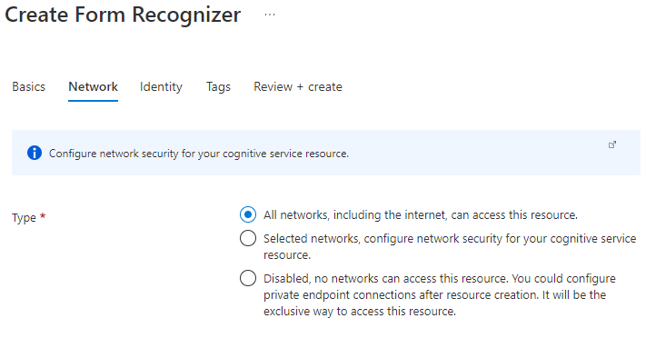 Form Recognizer Creation, Network Tab